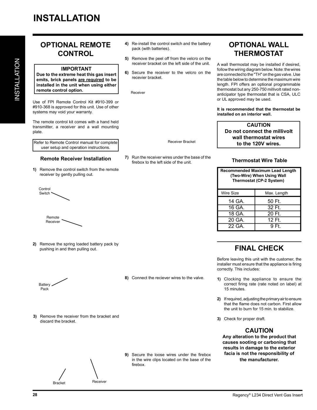 Regency L234-LP, L234-NG installation manual Optional Remote Control, Optional Wall Thermostat, Final Check 