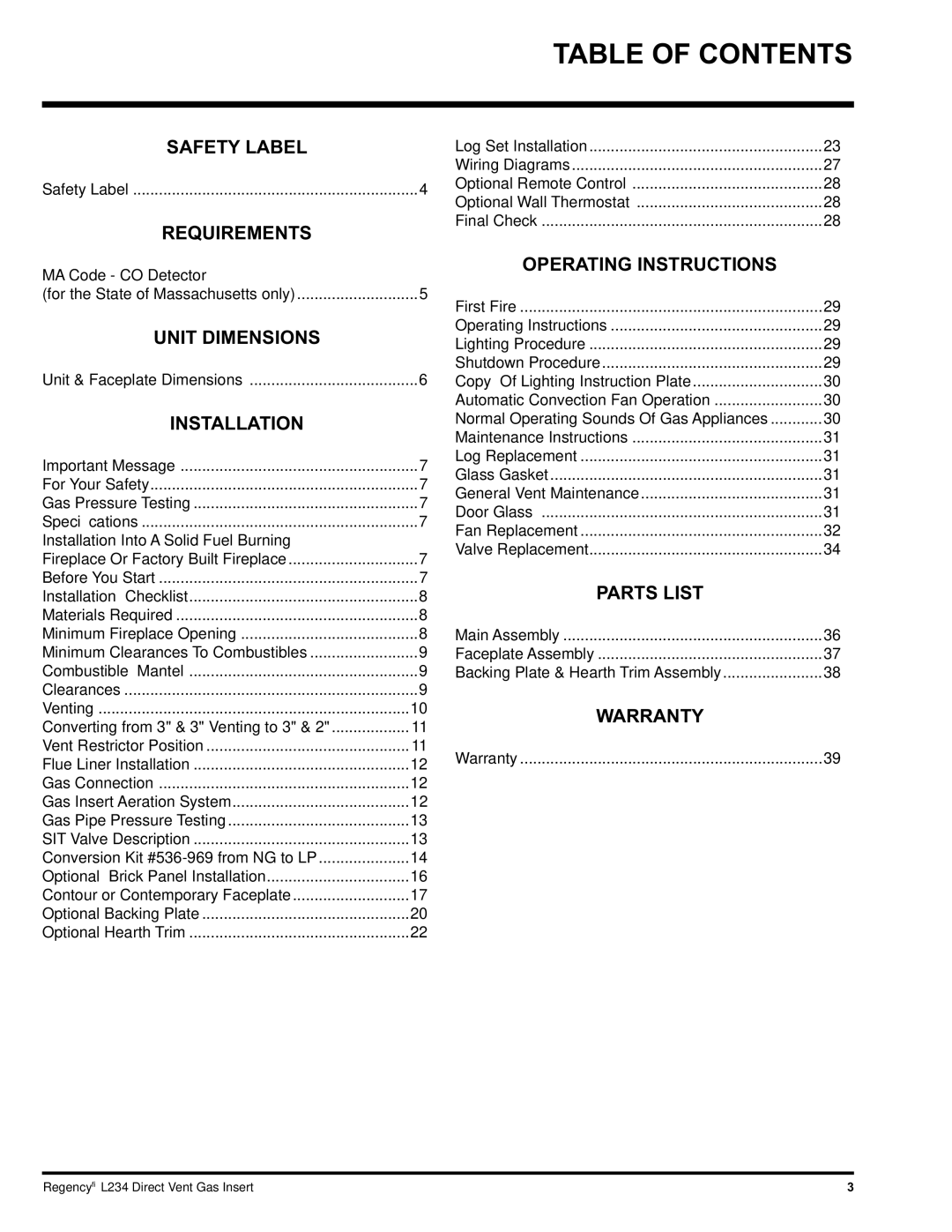 Regency L234-NG, L234-LP installation manual Table of Contents 