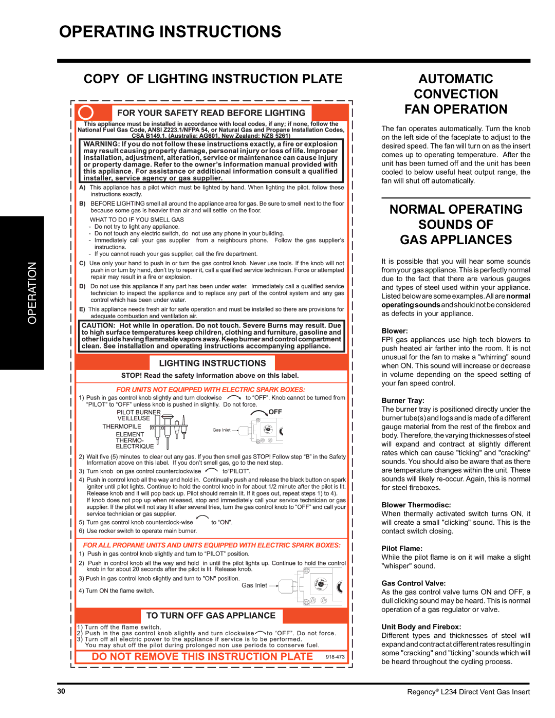 Regency L234-LP, L234-NG installation manual Copy of Lighting Instruction Plate, FAN Operation 