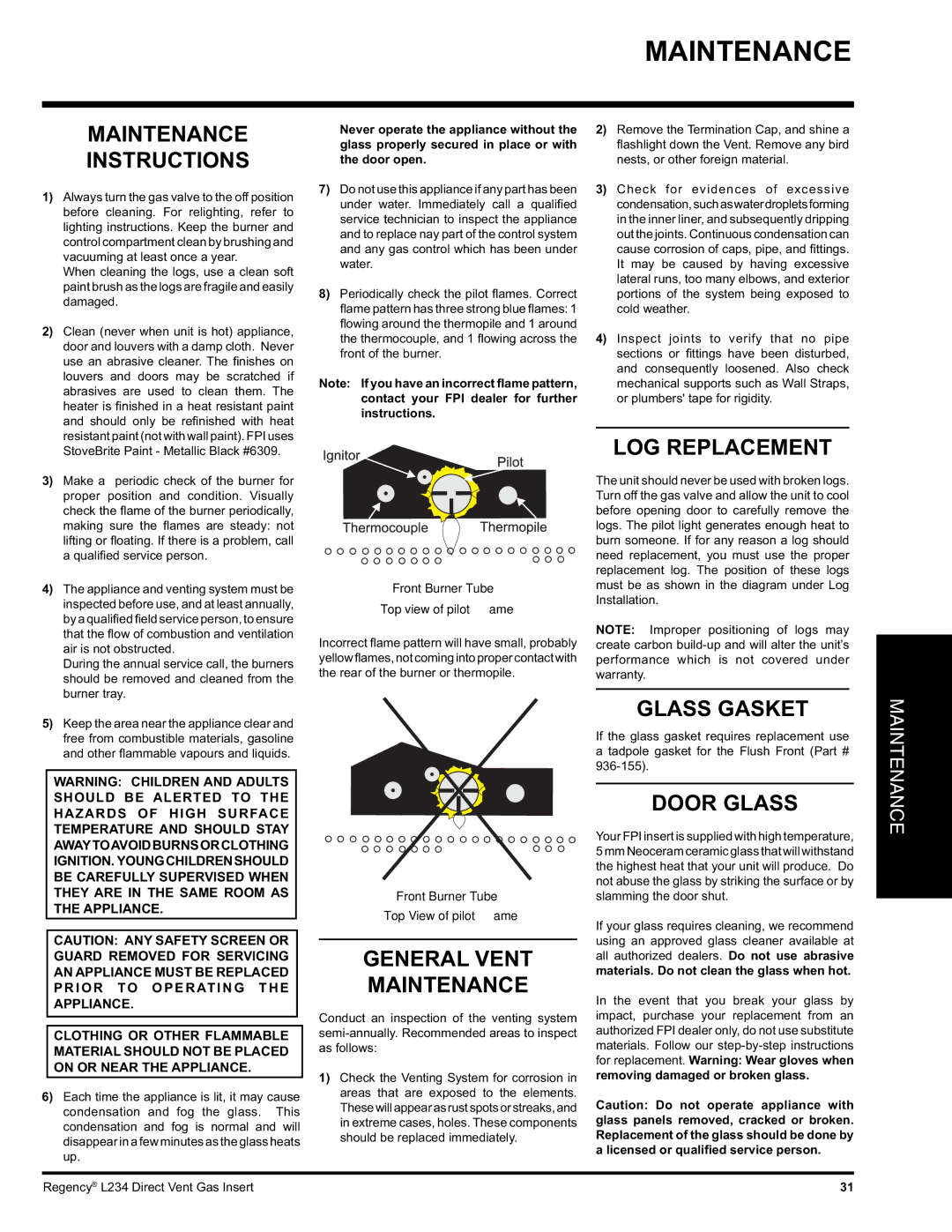 Regency L234-NG, L234-LP installation manual Maintenance 