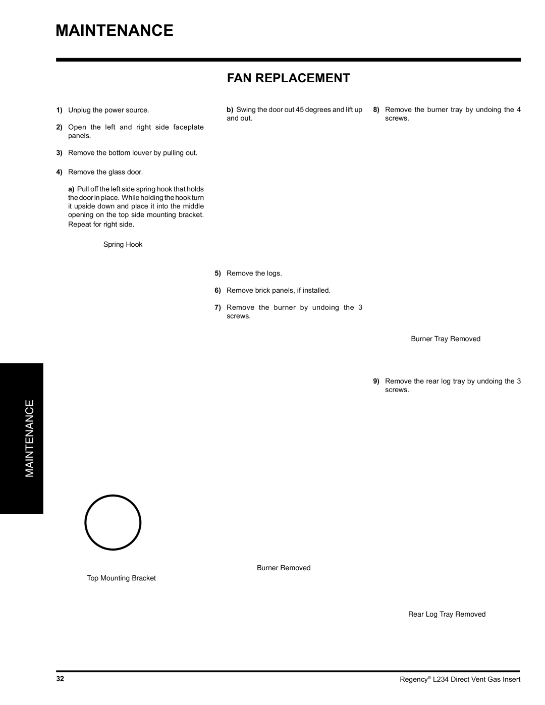 Regency L234-LP, L234-NG installation manual FAN Replacement 