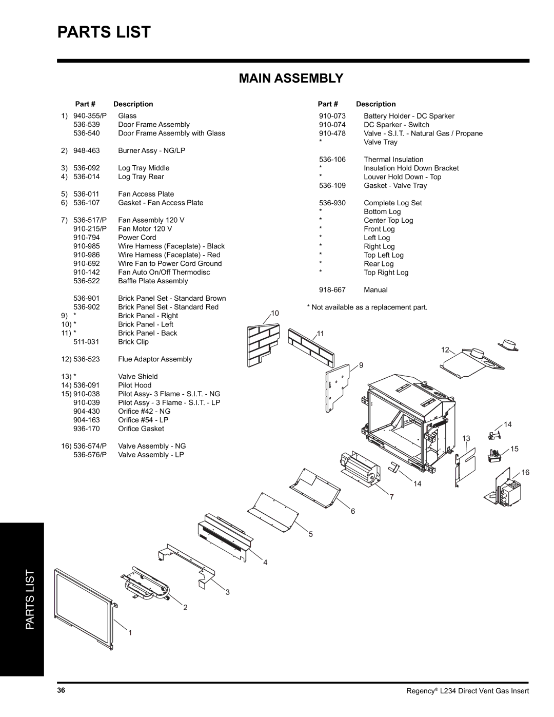 Regency L234-LP, L234-NG installation manual Parts List, Main Assembly 