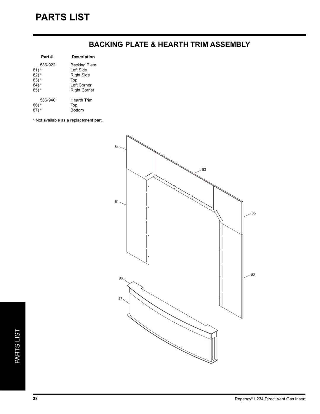 Regency L234-LP, L234-NG installation manual Backing Plate & Hearth Trim Assembly 