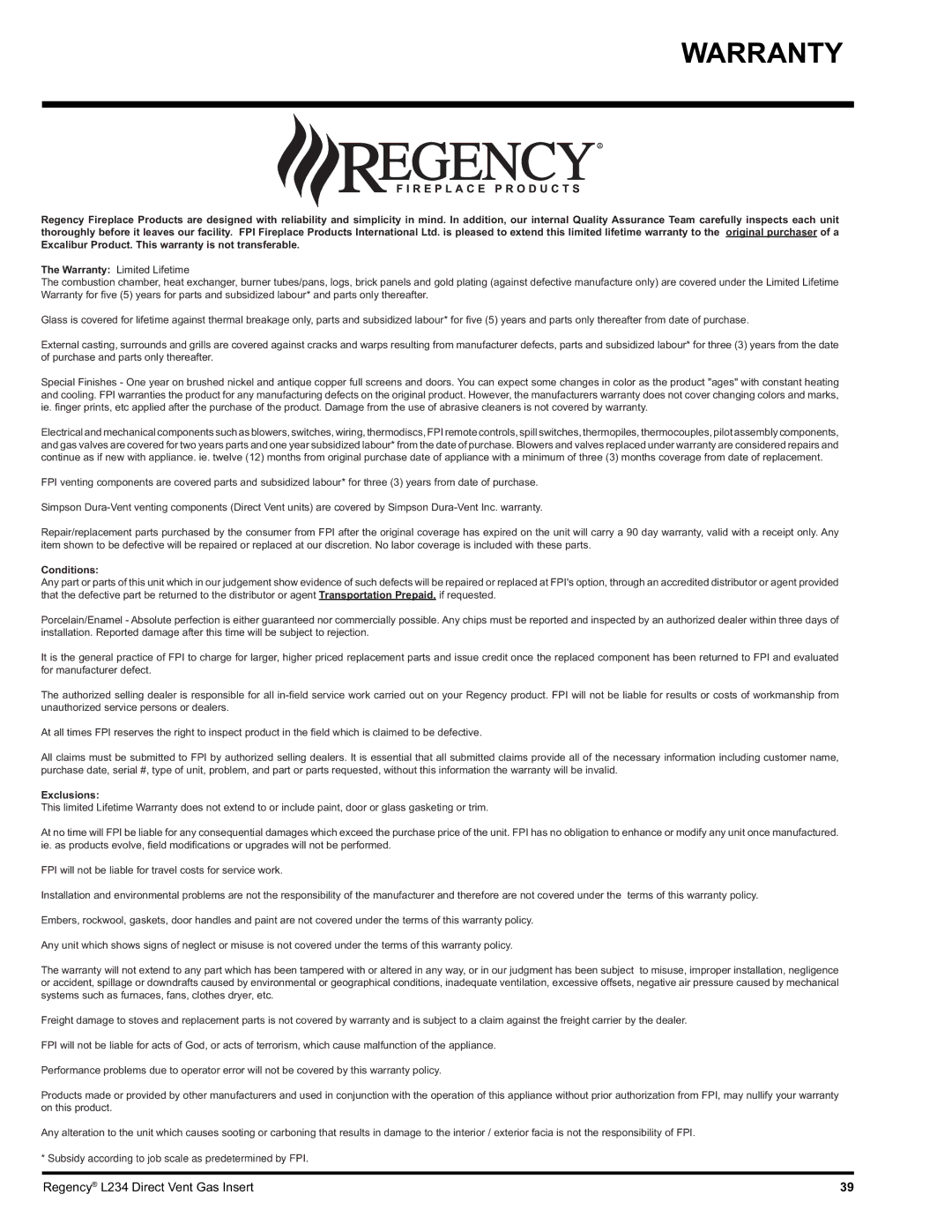 Regency L234-NG, L234-LP installation manual Warranty, Conditions 