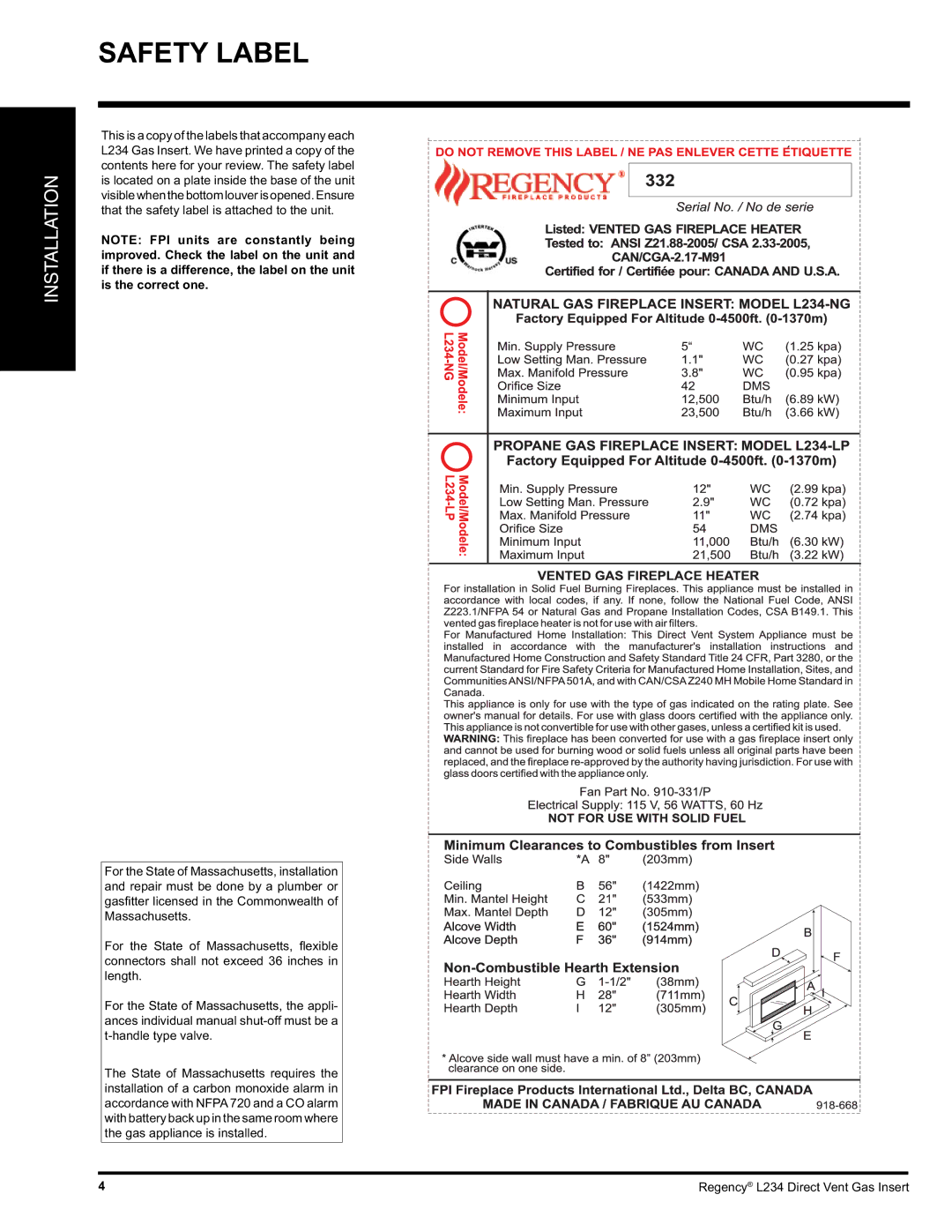 Regency L234-LP, L234-NG installation manual Safety Label 