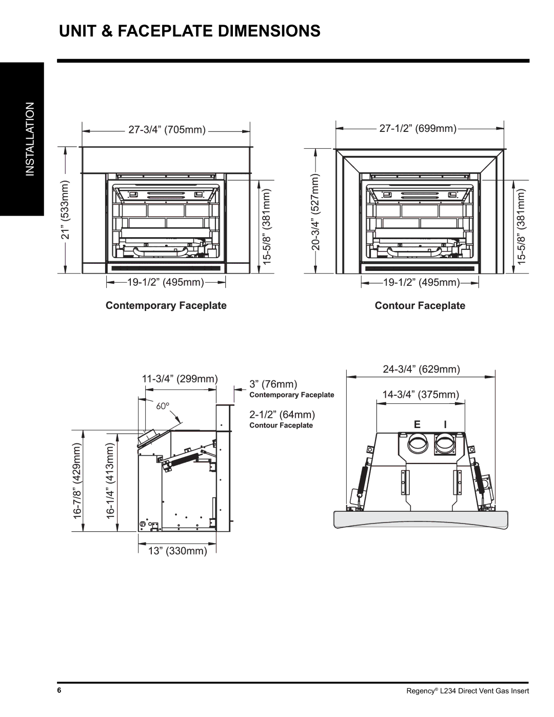 Regency L234-LP, L234-NG installation manual Unit & Faceplate Dimensions 