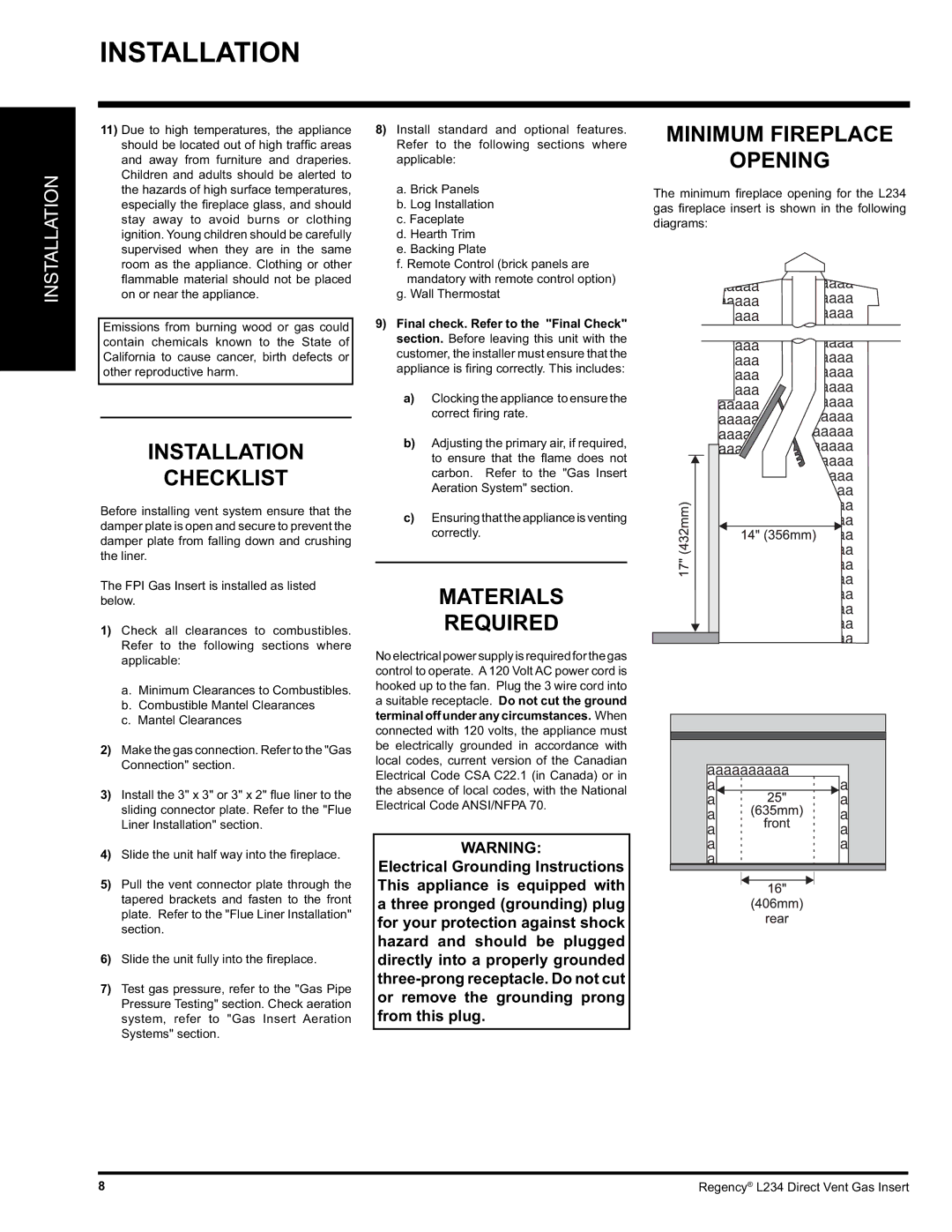 Regency L234-LP, L234-NG installation manual Installation Checklist, Materials Required, Minimum Fireplace Opening 