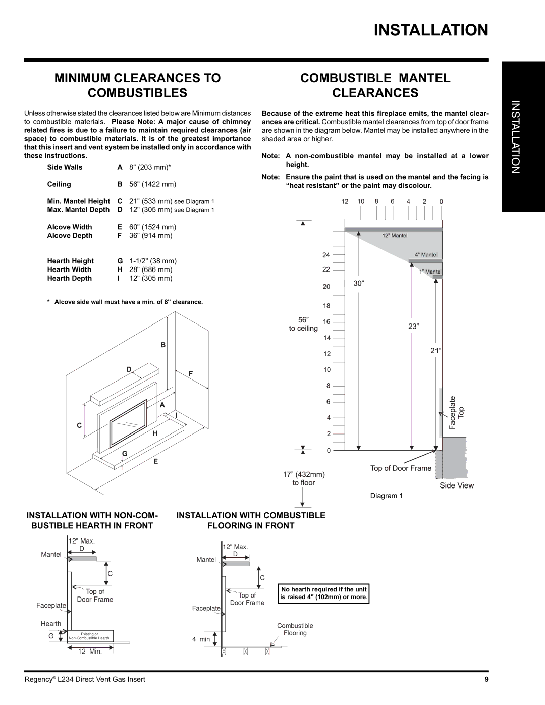 Regency L234-NG, L234-LP installation manual Minimum Clearances to Combustible Mantel Combustibles 