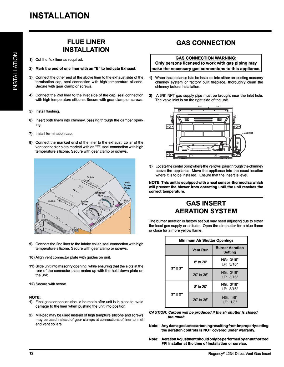 Regency L234-LP, L234-NG Installation, Gas Insert Aeration System, Flue Liner, Gas Connection Warning, Vent Run 