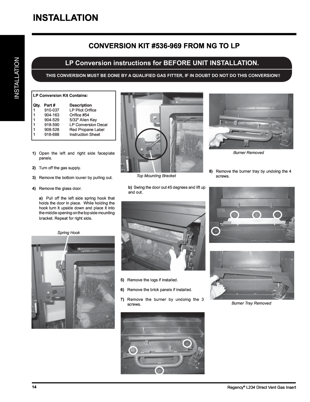 Regency L234-LP Installation, CONVERSION KIT #536-969FROM NG TO LP, LP Conversion Kit Contains, Description, Spring Hook 