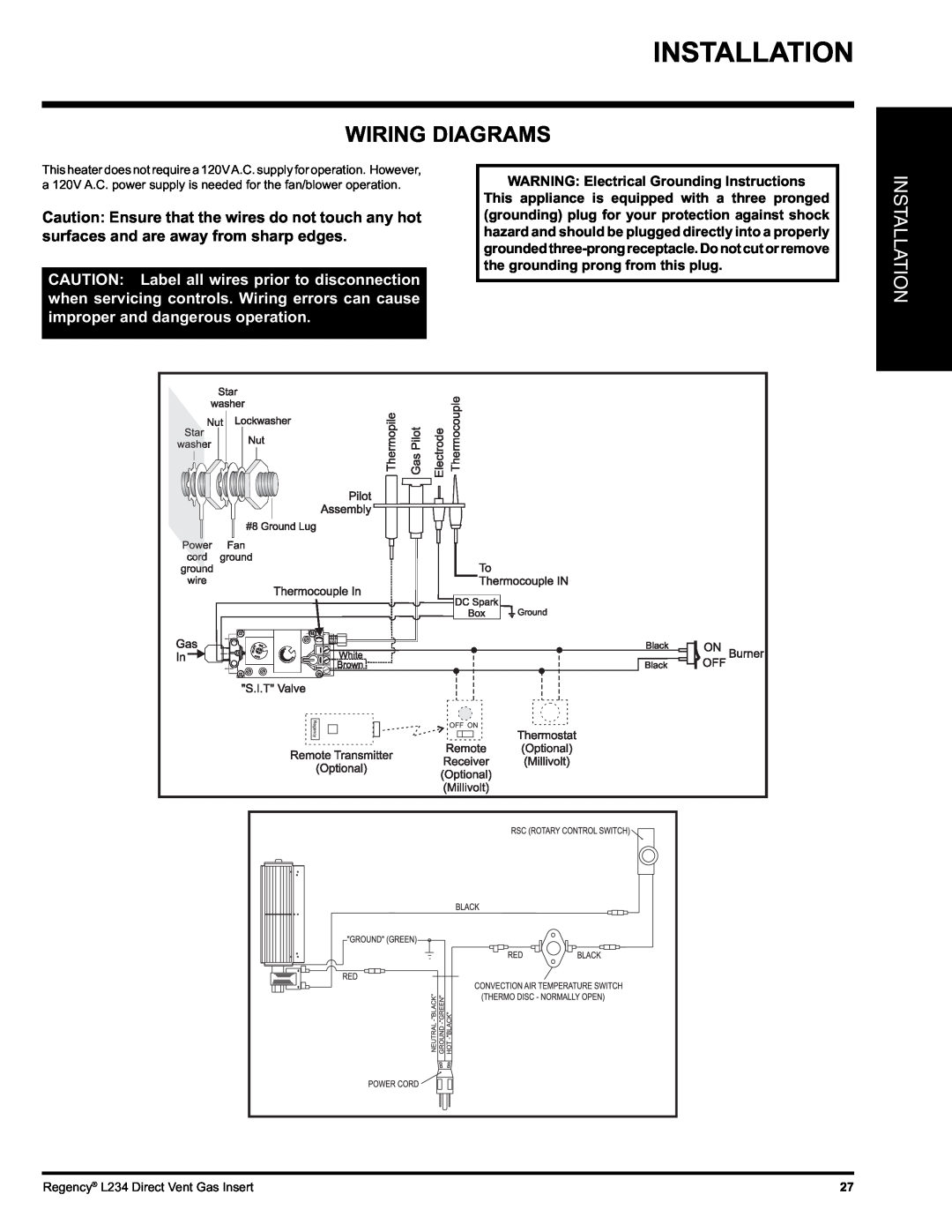 Regency L234-NG, L234-LP installation manual Installation, Wiring Diagrams, WARNING Electrical Grounding Instructions 