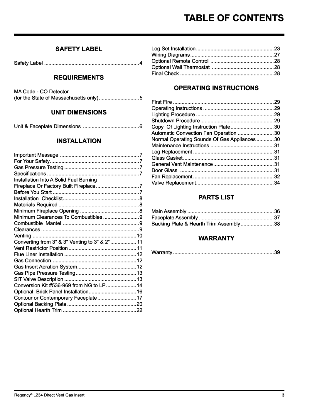Regency L234-NG, L234-LP Table Of Contents, Unit Dimensions, Operating Instructions, Parts List, Warranty, Safety Label 