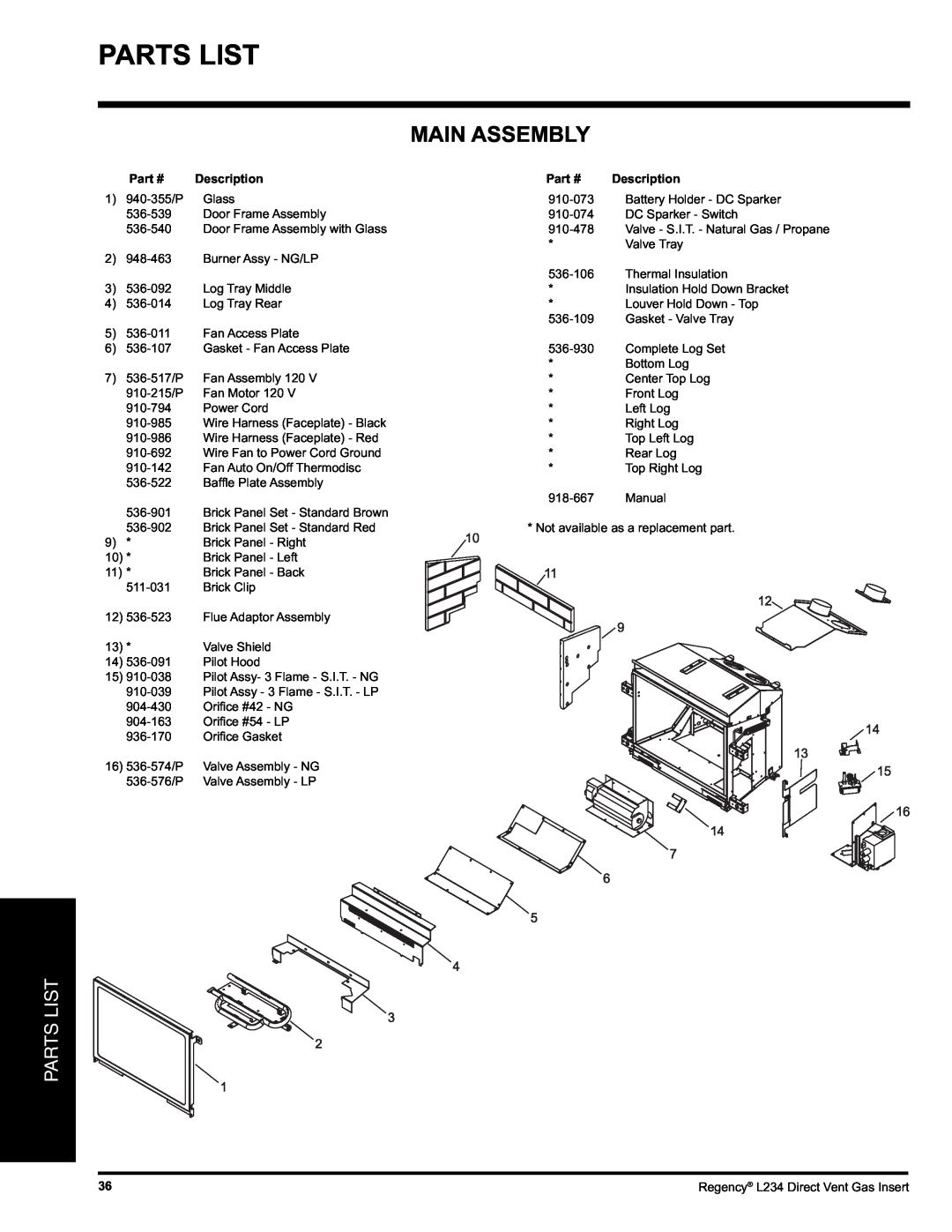 Regency L234-LP, L234-NG installation manual Parts List, Main Assembly, Description 