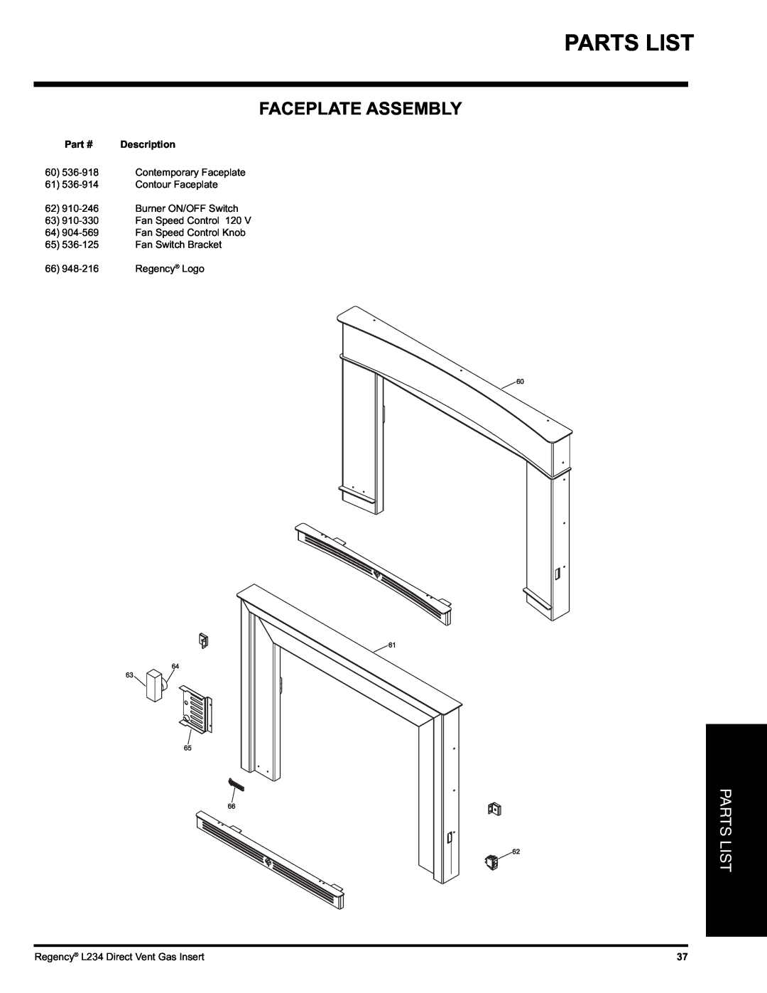 Regency L234-NG, L234-LP installation manual Parts List, Faceplate Assembly, Description 