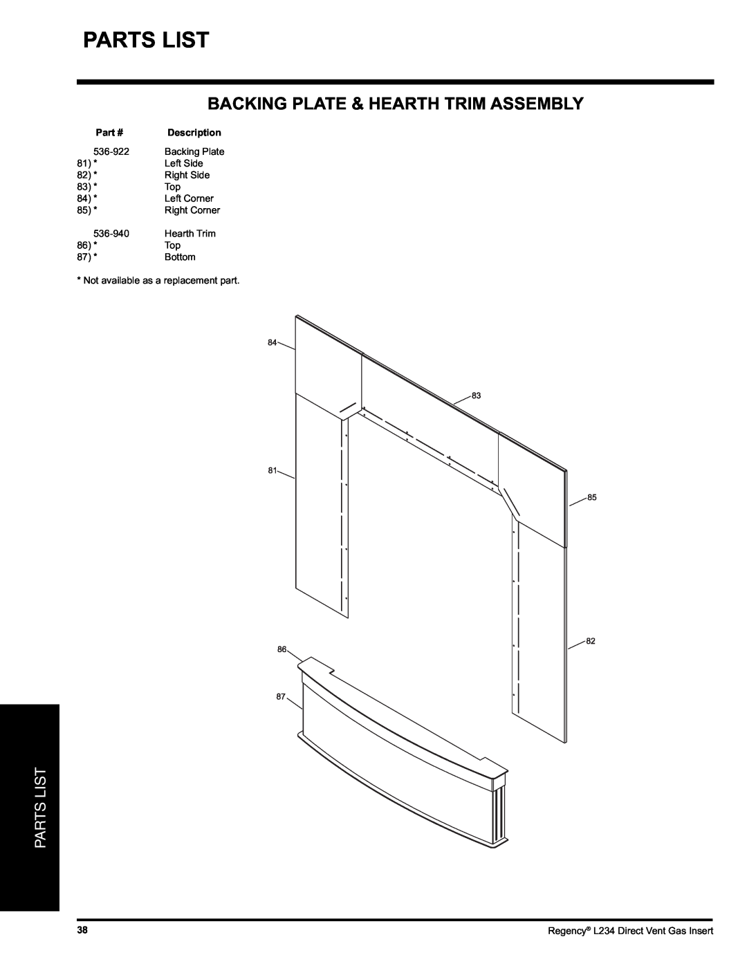 Regency L234-LP, L234-NG installation manual Parts List, Backing Plate & Hearth Trim Assembly, Description 