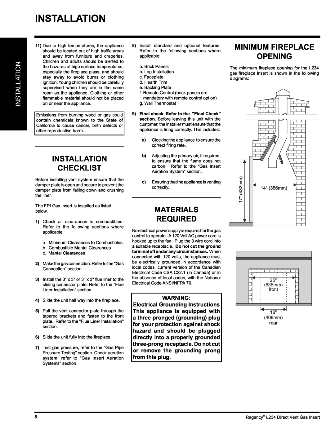 Regency L234-LP, L234-NG installation manual Installation Checklist, Materials Required, Minimum Fireplace Opening 