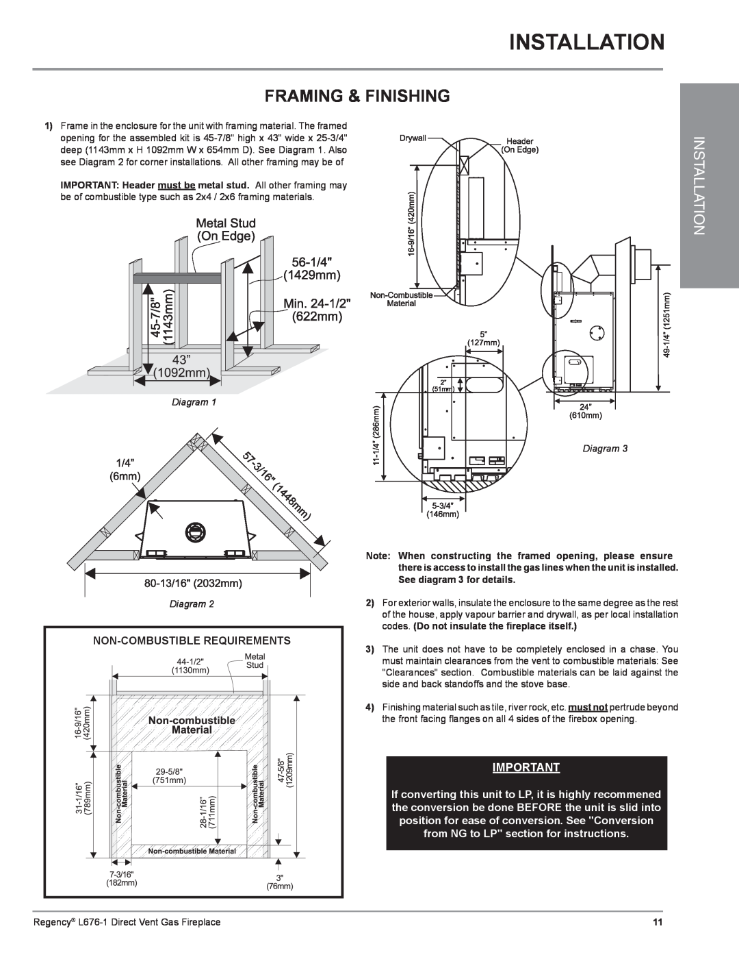 Regency L676-LP1, L676-NG1, L676-1 installation manual Installation, Framing & Finishing, Diagram Diagram 