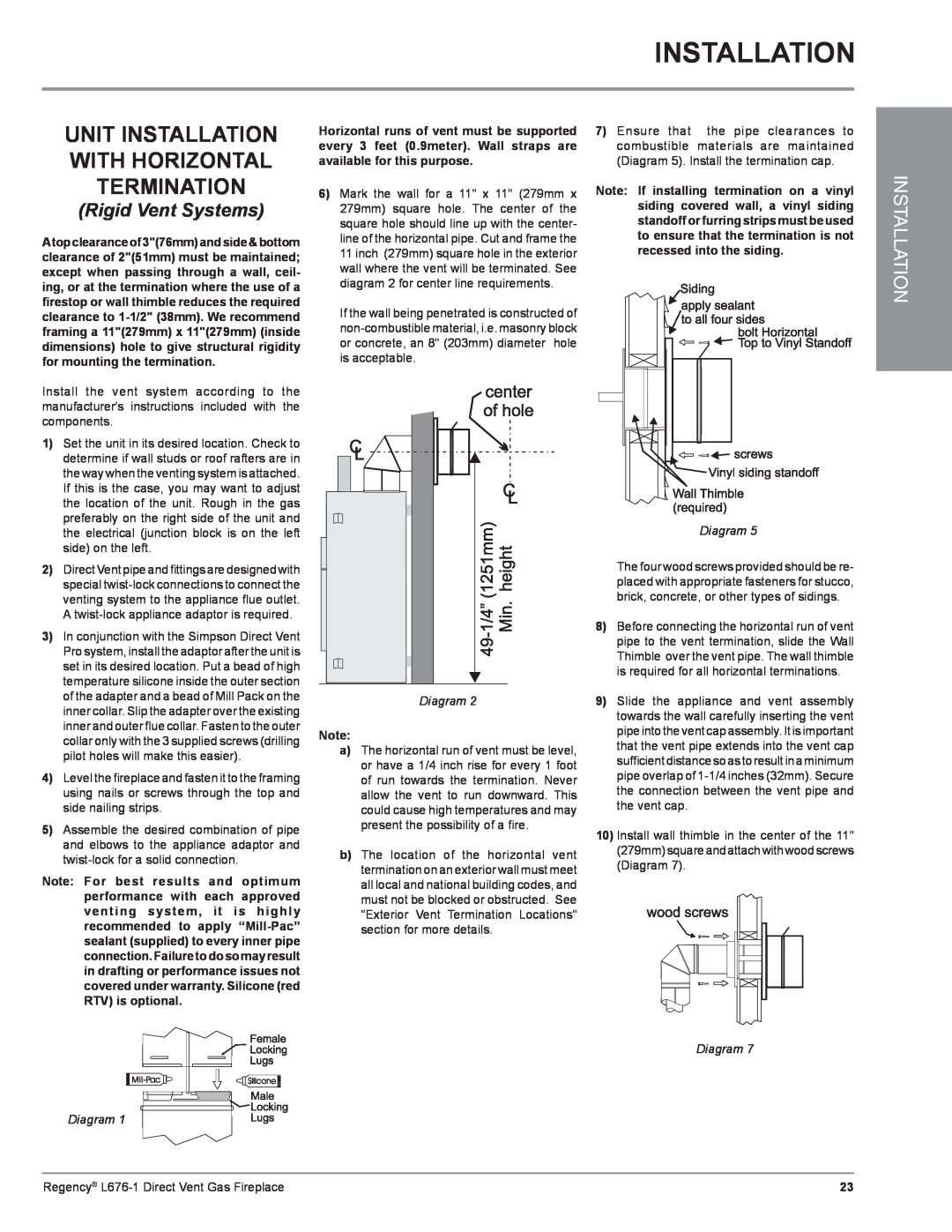 Regency L676-LP1, L676-NG1 Unit Installation With Horizontal Termination, Rigid Vent Systems, Diagram Diagram 