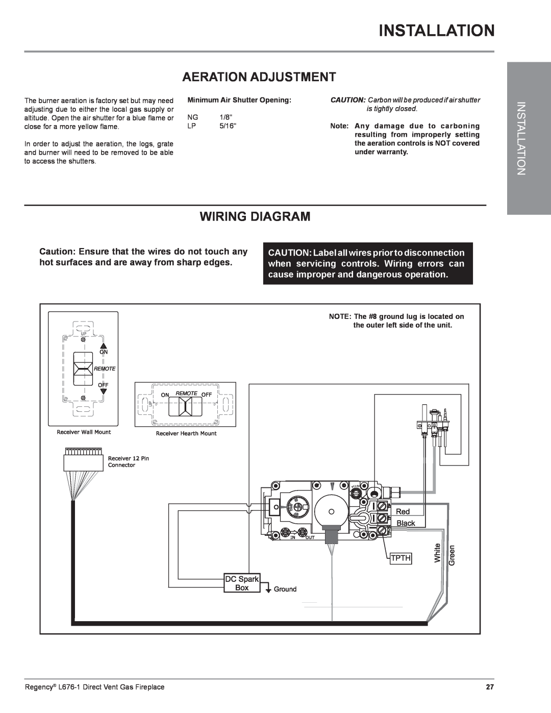 Regency L676-NG1 Installation, Aeration Adjustment, Wiring Diagram, CAUTION: Label all wires prior to disconnection, 5/16 