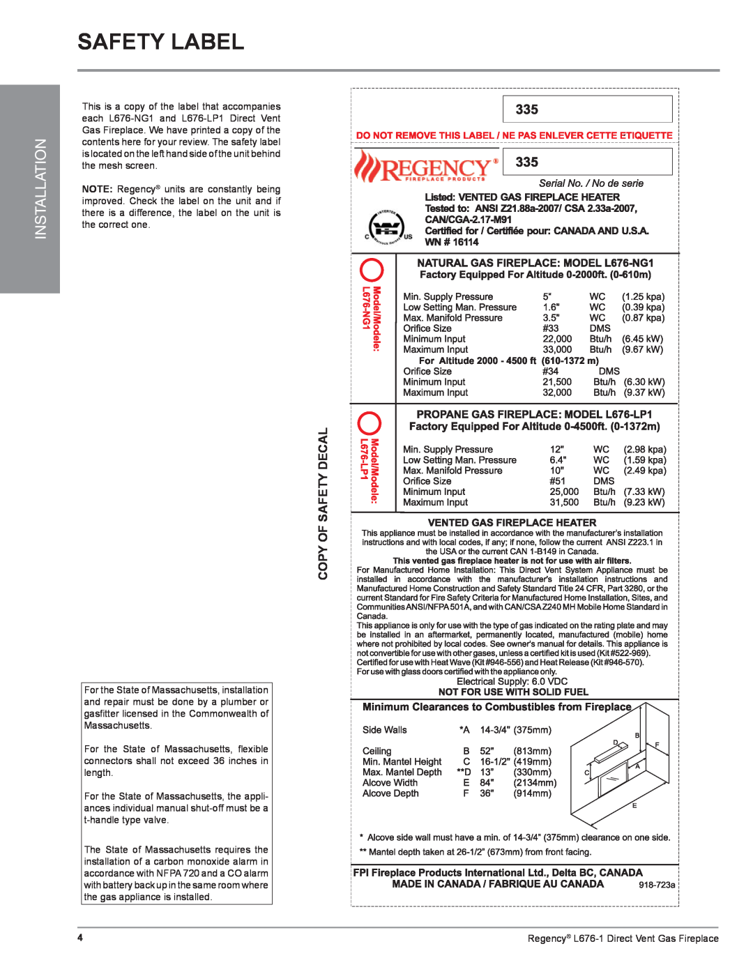 Regency L676-1, L676-NG1, L676-LP1 installation manual Safety Label, Installation 