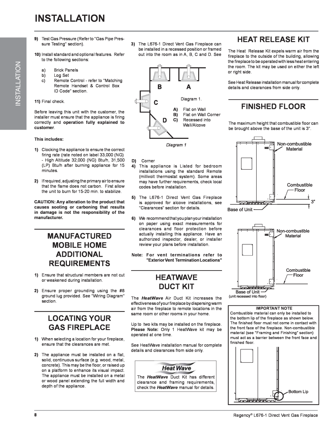 Regency L676-LP1 Installation, Heat Release Kit, Finished Floor, Manufactured Mobile Home Additional Requirements, Diagram 