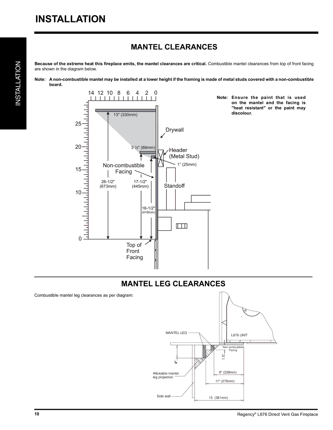 Regency L676 installation manual Mantel Clearances, Mantel LEG Clearances 