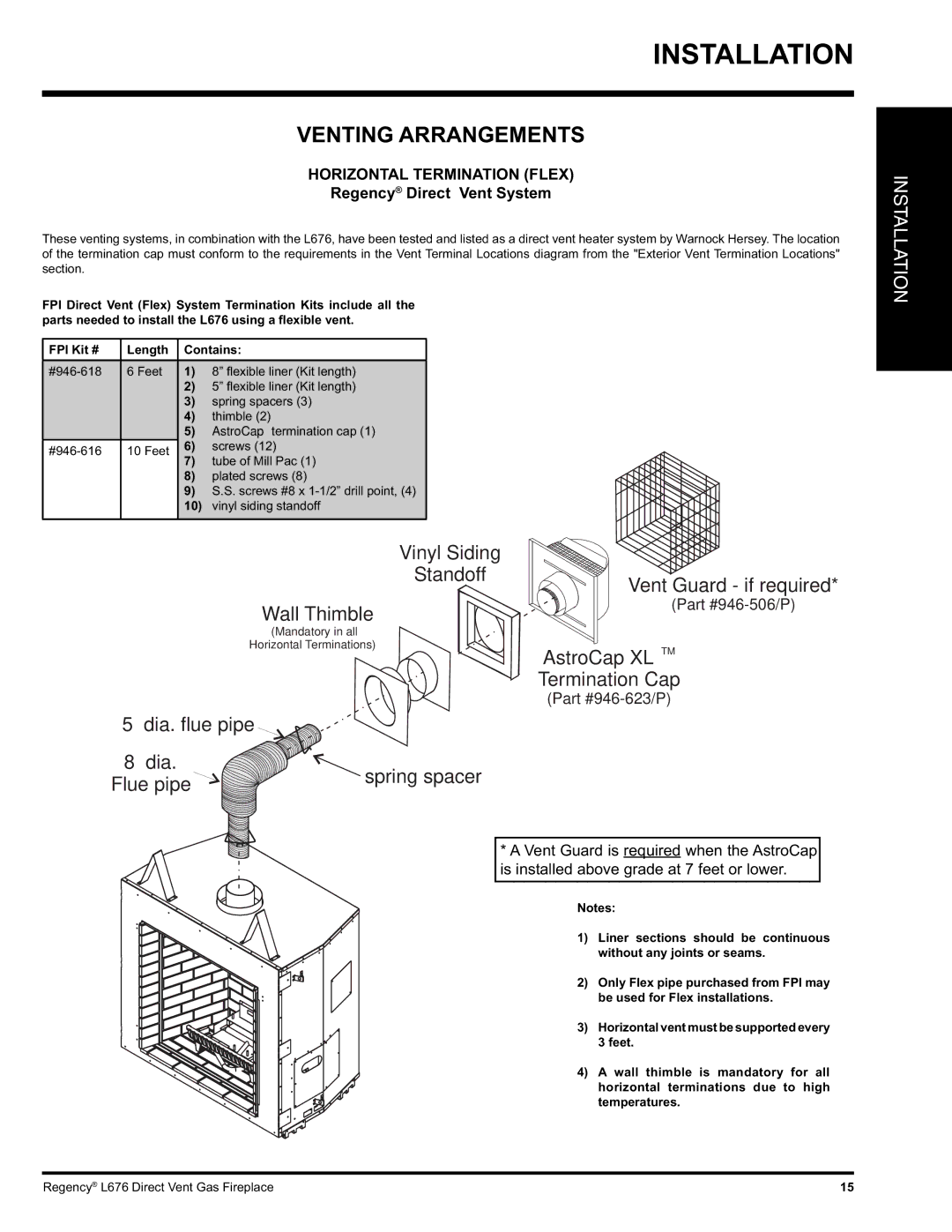 Regency L676 installation manual Venting Arrangements, FPI Kit # Length Contains 