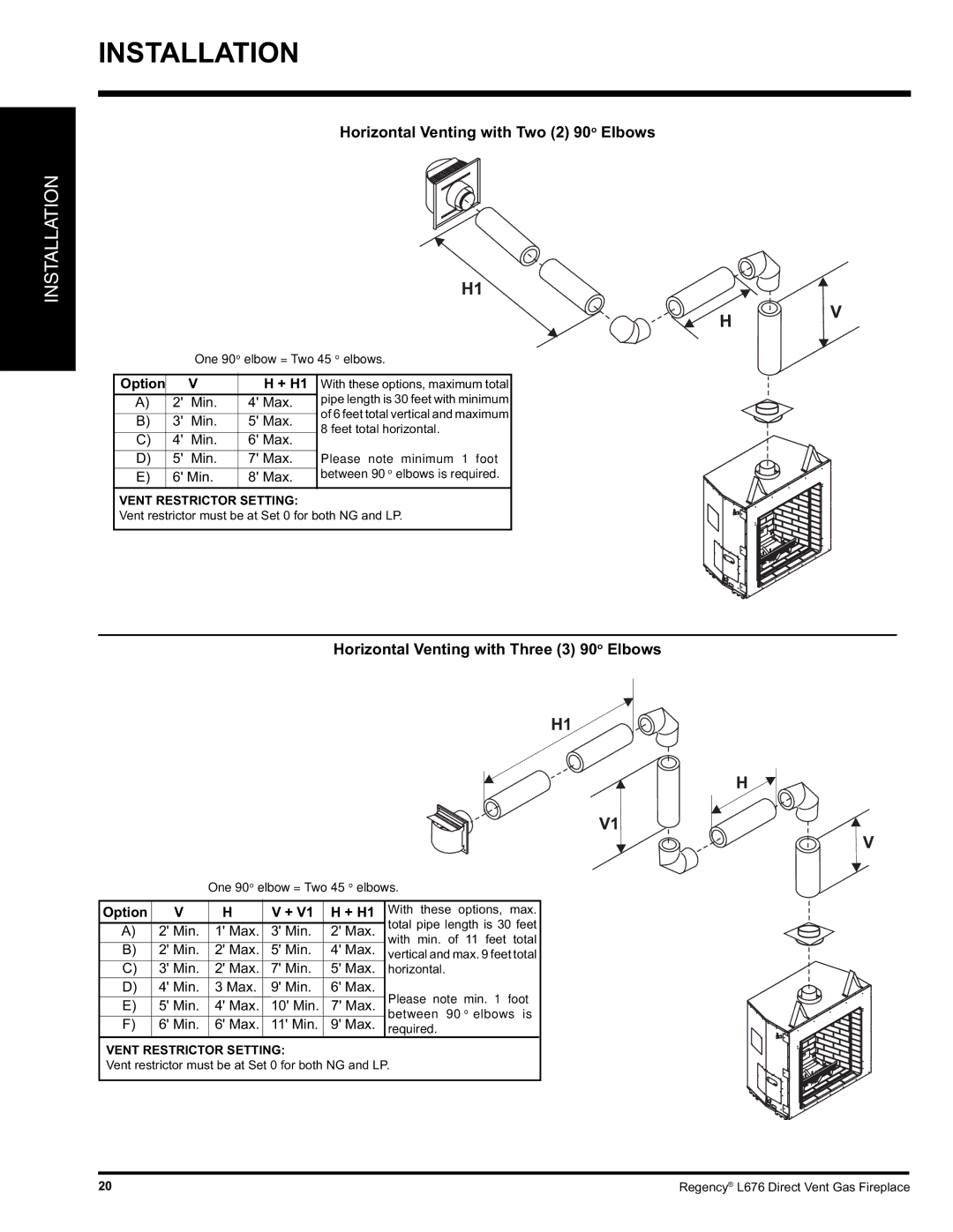 Regency L676 installation manual Horizontal Venting with Two 2 90o Elbows 