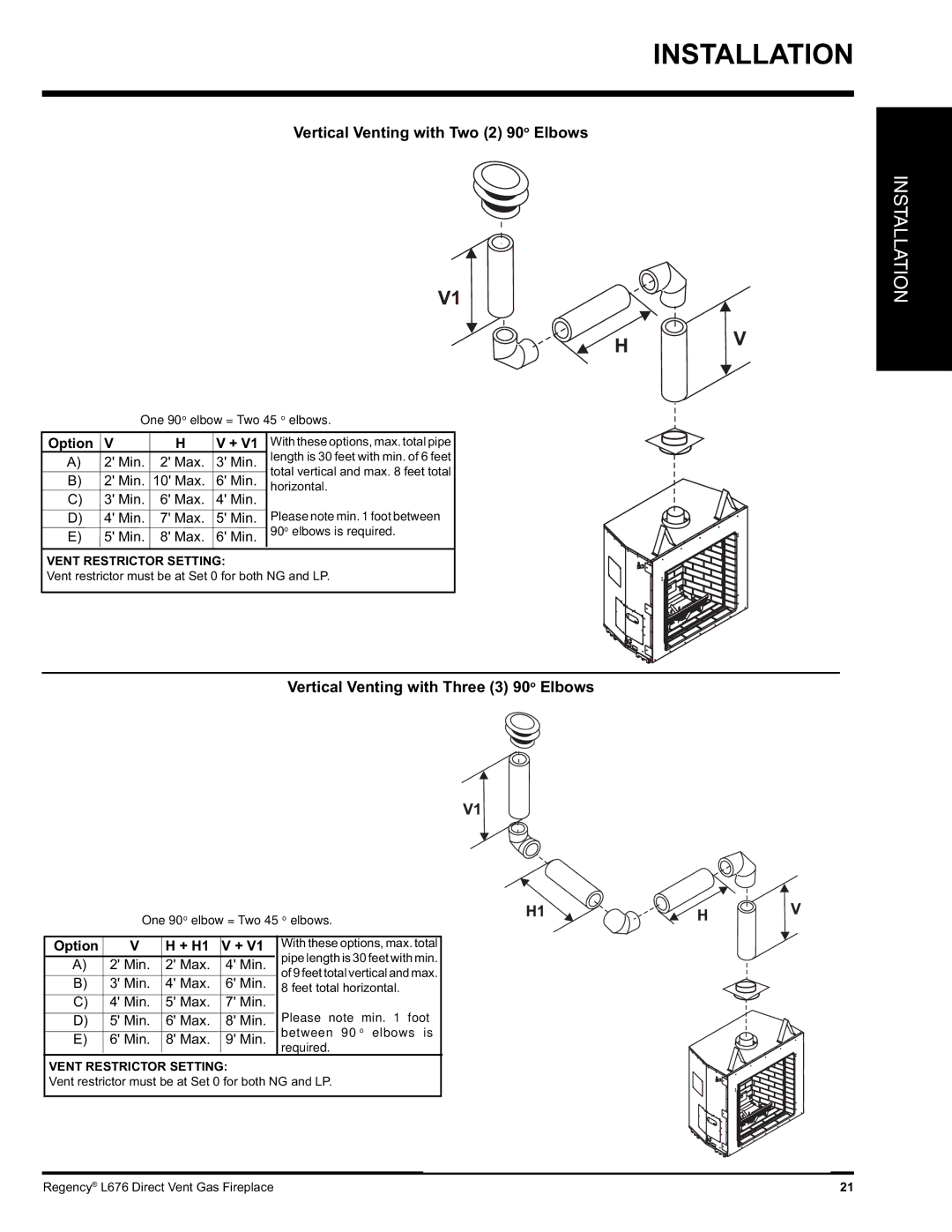 Regency L676 installation manual Vertical Venting with Two 2 90o Elbows 