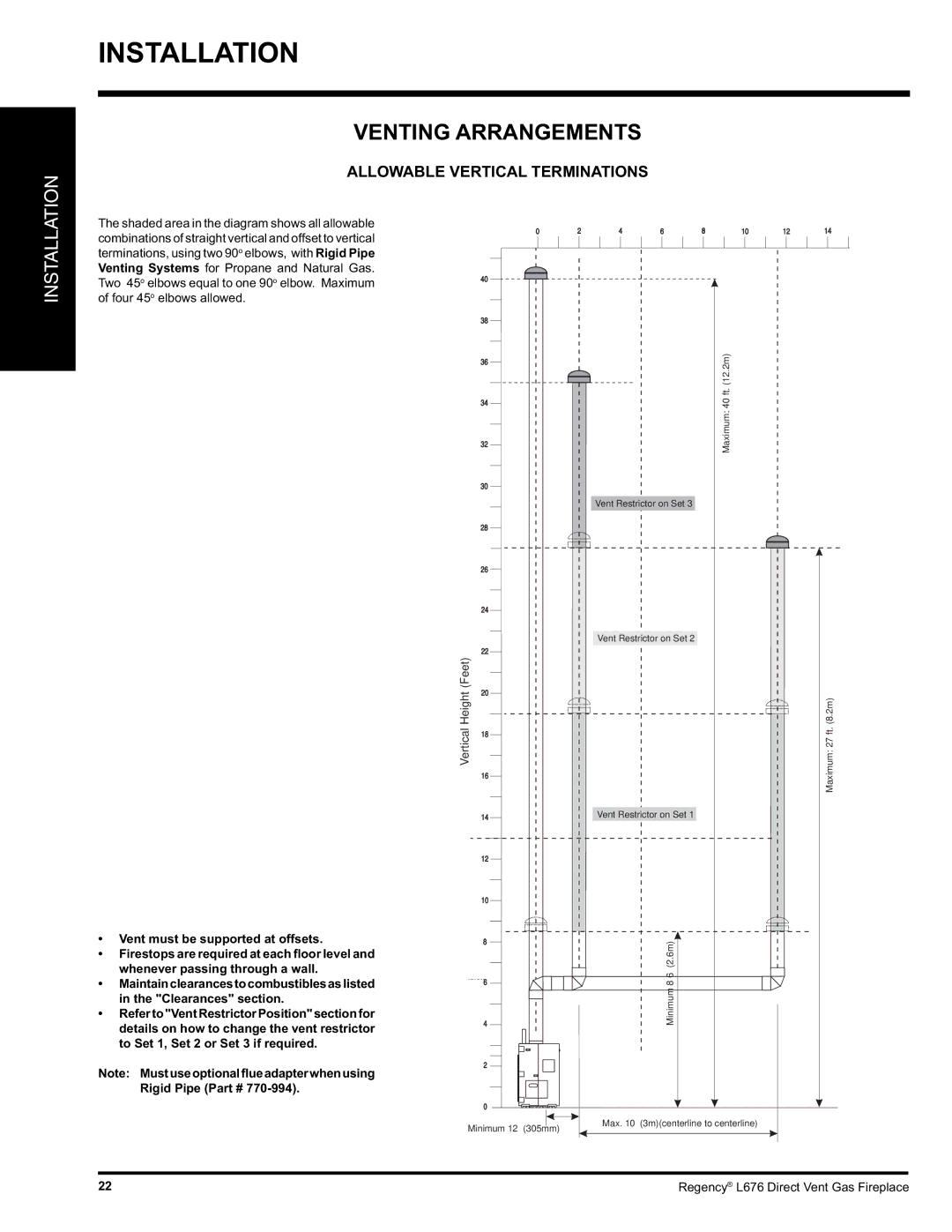 Regency L676 installation manual Vent must be supported at offsets, Feet Height 