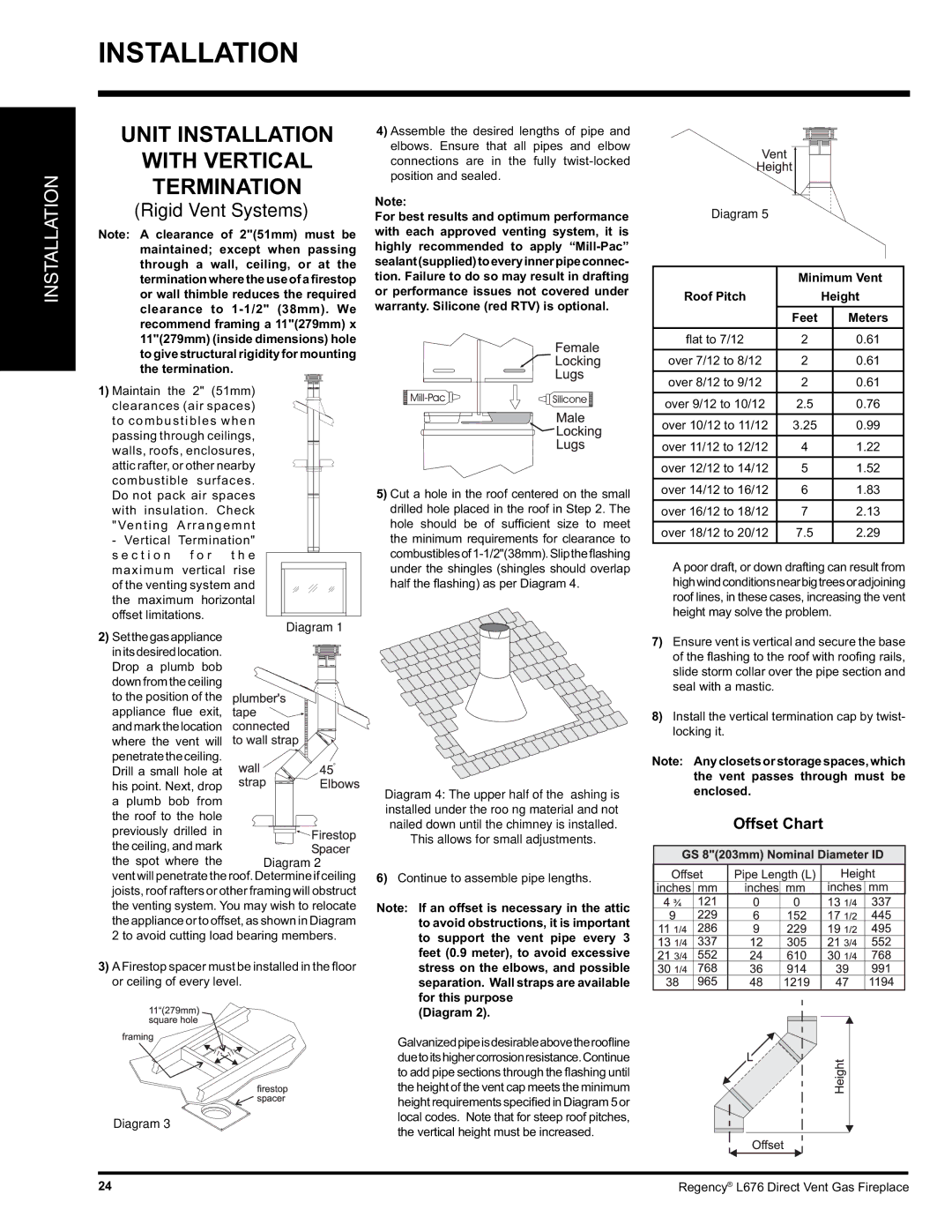 Regency L676 Unit Installation With Vertical Termination, This allows for small adjustments, Diagram, Minimum Vent, Feet 