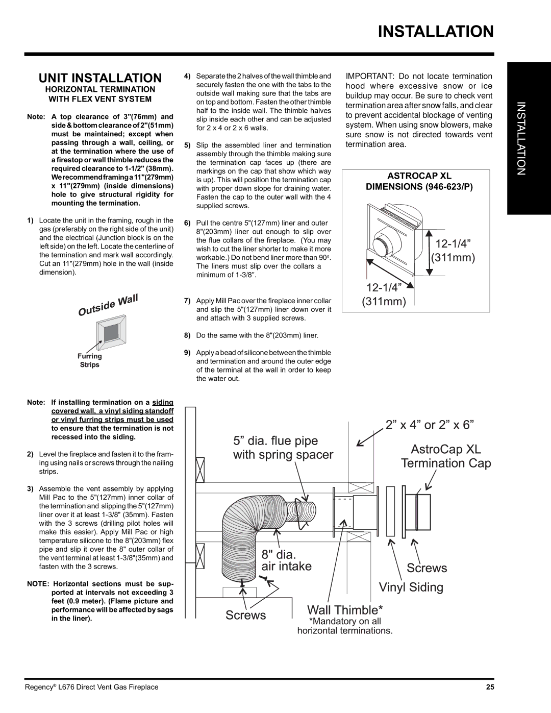 Regency L676 installation manual Unit Installation, Horizontal Termination with Flex Vent System 