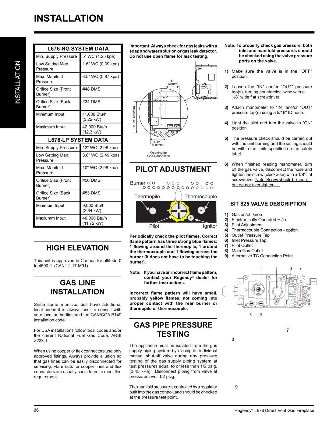 Regency L676 installation manual GAS Line 