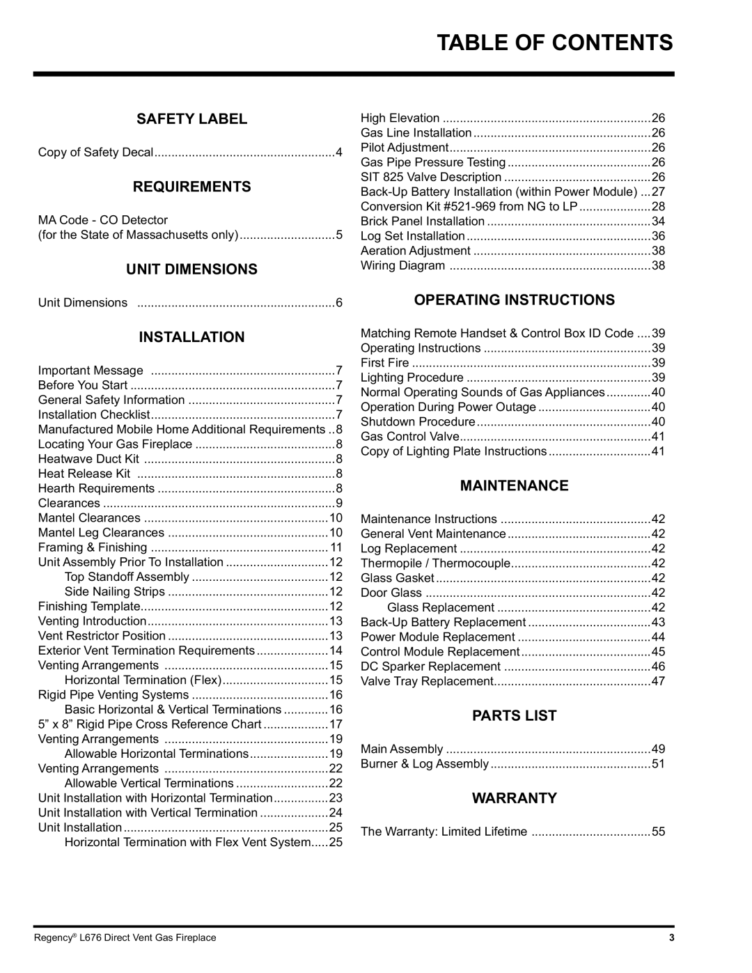 Regency L676 installation manual Table of Contents 