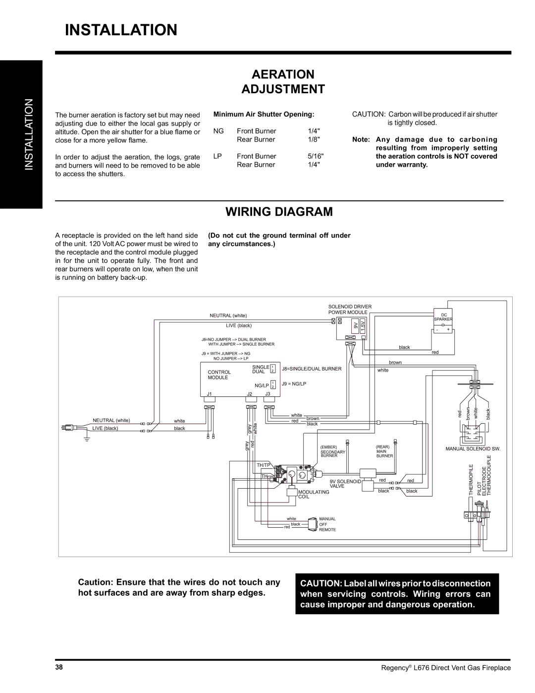 Regency L676 installation manual Aeration Adjustment, Wiring Diagram 