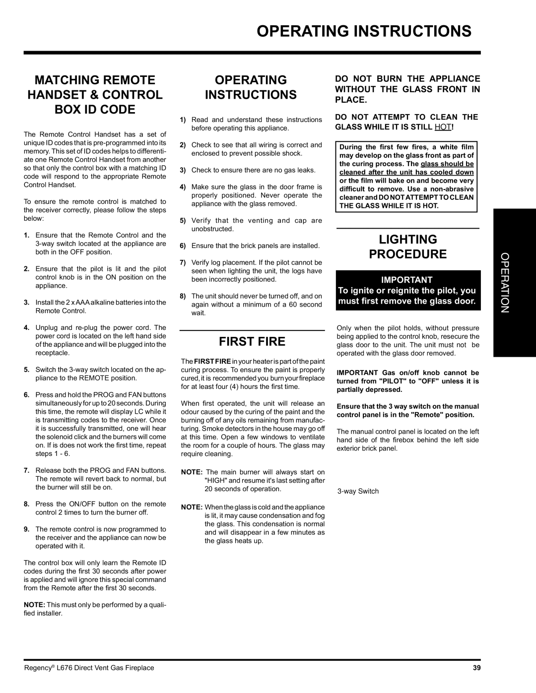 Regency L676 Operating Instructions, Matching Remote Handset & Control BOX ID Code, First Fire, Lighting Procedure 