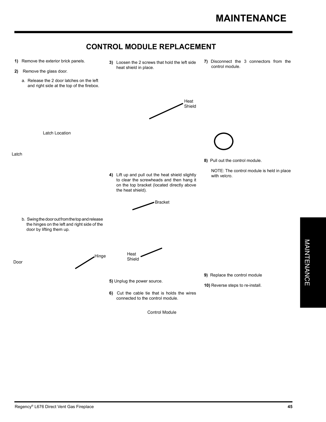 Regency L676 installation manual Control Module Replacement, Bracket Hinge Heat 