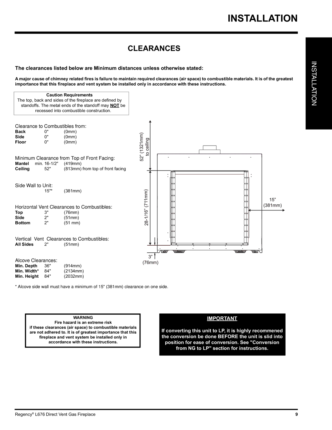 Regency L676 installation manual Clearances 