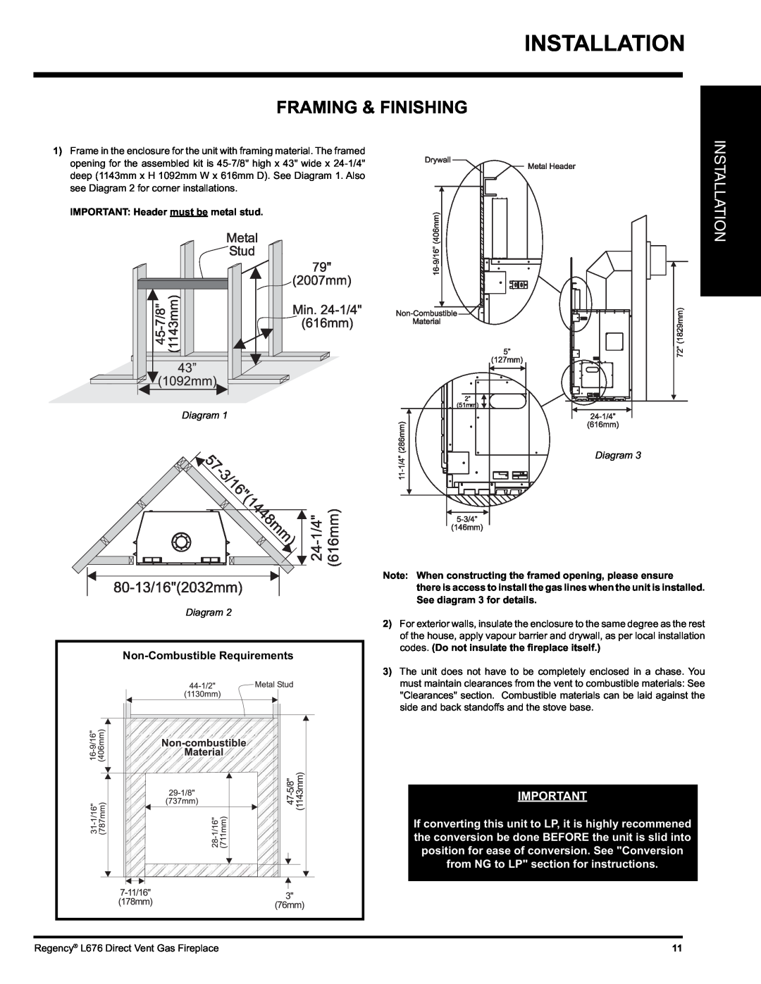 Regency L676 installation manual Installation, Framing & Finishing, Diagram Diagram 