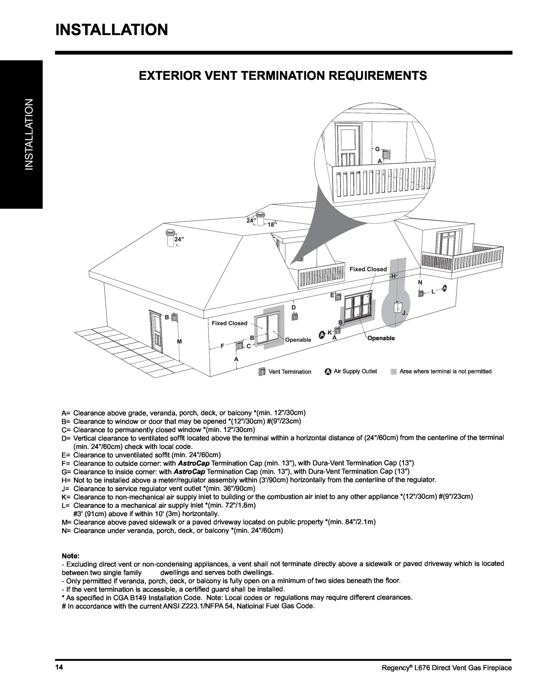 Regency L676 installation manual Installation, Exterior Vent Termination Requirements 