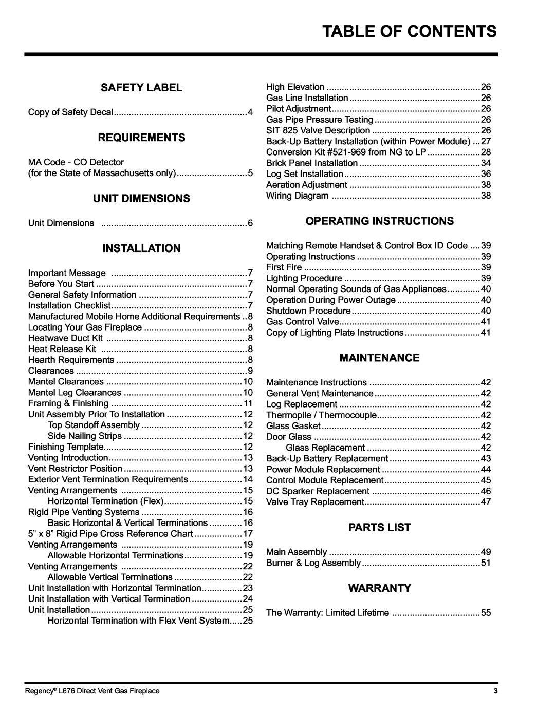 Regency L676 installation manual Table Of Contents, Safety Label, Warranty 