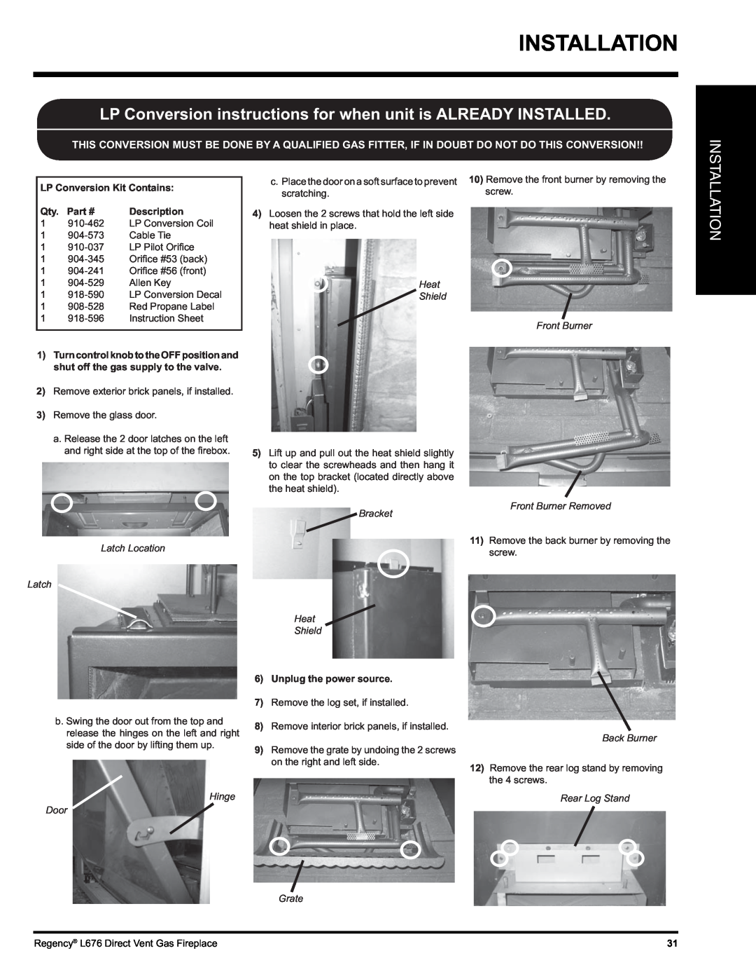 Regency L676 Installation, LP Conversion Kit Contains, Part #, Description, Heat Shield Front Burner, Latch Location Latch 