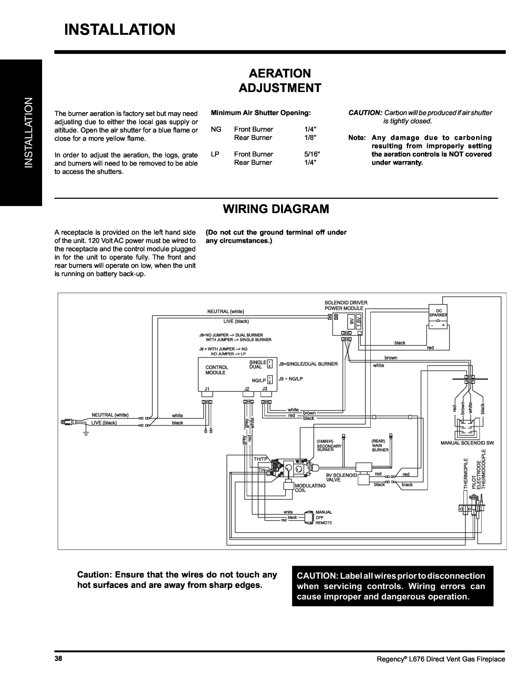 Regency L676 installation manual Installation, Aeration Adjustment, Wiring Diagram, is tightly closed 