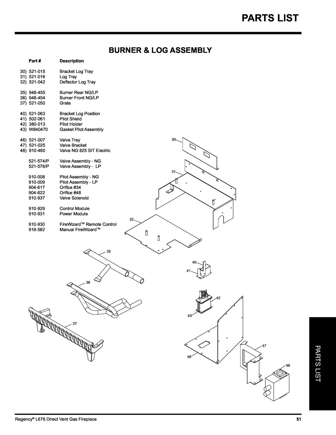 Regency L676 installation manual Parts List, Burner & Log Assembly, Part #, Description 