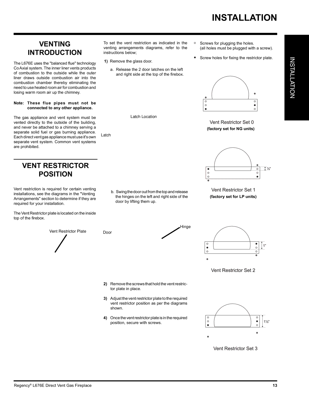 Regency L676E-NG Venting Introduction, Vent Restrictor Position, Factory set for NG units, Factory set for LP units 