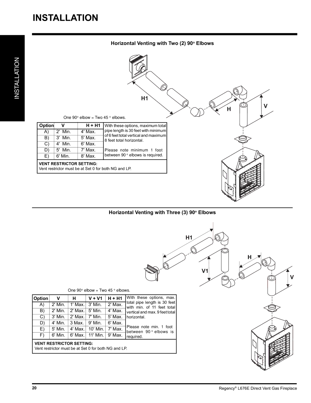 Regency L676E-LP, L676E-NG installation manual Horizontal Venting with Two 2 90o Elbows 