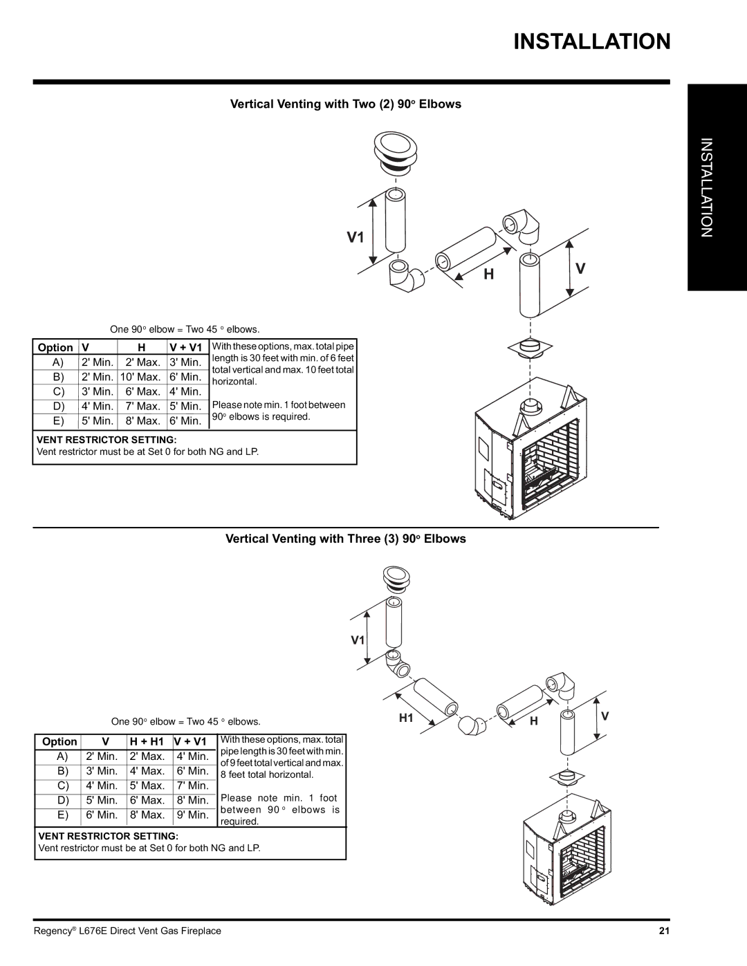 Regency L676E-NG, L676E-LP installation manual Vertical Venting with Two 2 90o Elbows 