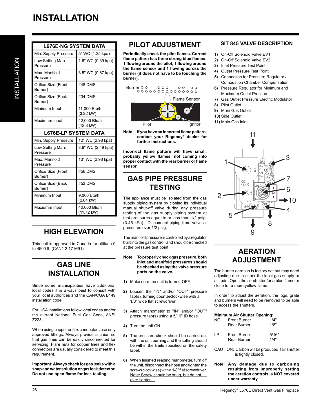 Regency L676E-LP, L676E-NG Pilot Adjustment, GAS Pipe Pressure, Testing, High Elevation, Aeration GAS Line Installation 