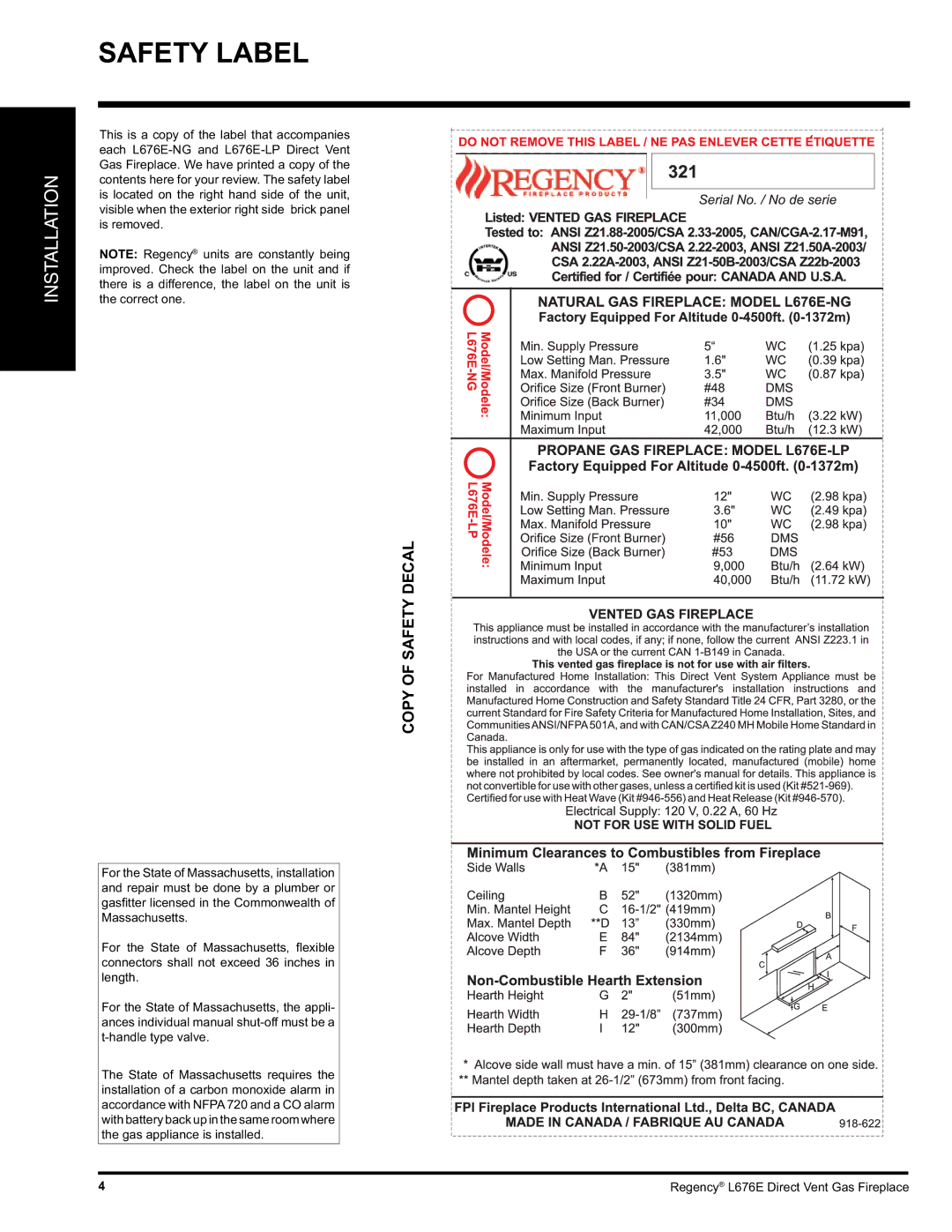 Regency L676E-LP, L676E-NG installation manual Safety Label, Copy of Safety Decal 