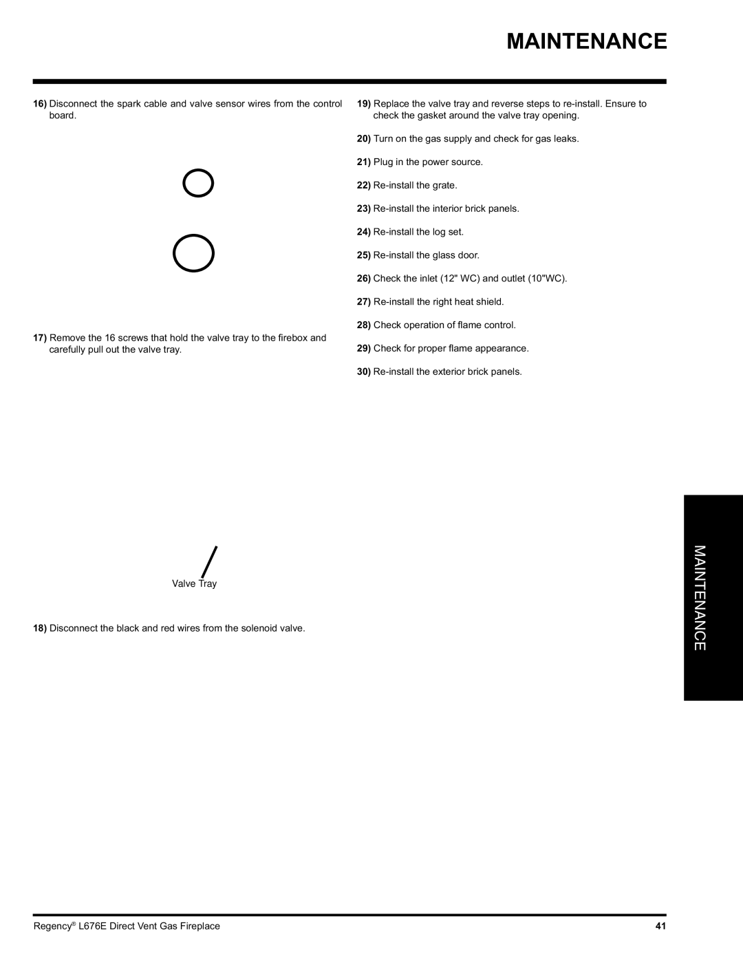 Regency L676E-NG, L676E-LP installation manual Valve Tray 